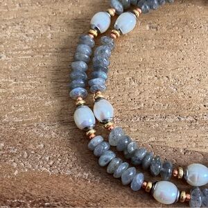 Colorful Labradorite & Freshwater Pearl Mixed Metal Necklace - Artisan Crafted